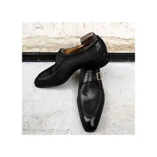 New Hand Made Men's Black Leather Oxford Single Strap Monk Shoes