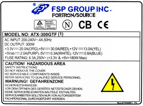 Power Supply FSP Group ATX-300GTF (1) 300W ATX 20-PIN, ATX12V 4-PIN, 5x MOLEX - Picture 3 of 3