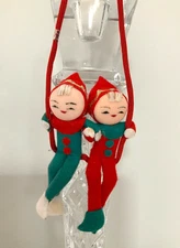 Vintage Mid Century Kitschy PIXI ELFS Elves on Swing Felt Christmas Ornament