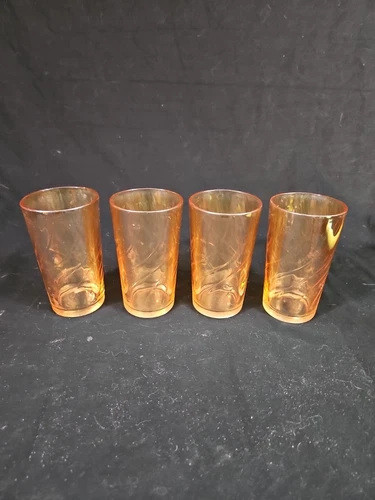 Lot Of 4 Vintage Peach Marigold Iridescent Carnival Glass Tumbler 5" 12 oz