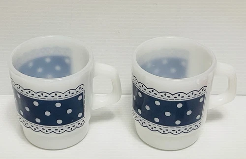2 Fire King Anchor Hocking Vintage Stacking Mugs Blue Polka Dot Lace 6 available