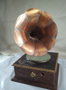 Antique Phonograph Music Box with Hand Crafted Copper & Brass Gramophone