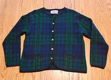Tally Ho Vintage Women's Cardigan Sweater Size Large Blue Green Tartan Plaid