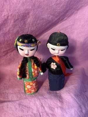 2 Vintage Peg Dolls 6'' Asian Mid Century Fabric & Wood Fabric Face