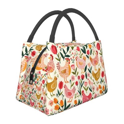 Cute Chicken Lunch Box Portable Floral Hen Pattern Zipper Handbag Cosmetic