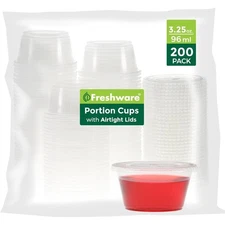 Disposable Plastic Portion Cups with Lids 3.25 Ounce 200 Sets Meal Prep Salad