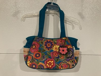 Laurel Burch Multicolor Painted Small Tote Purse With Signed Flower Pendant