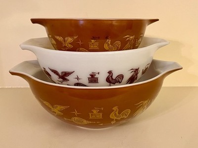 Vintage Pyrex EARLY AMERICAN Cinderella Mixing Nesting Bowls 442 443 and 444