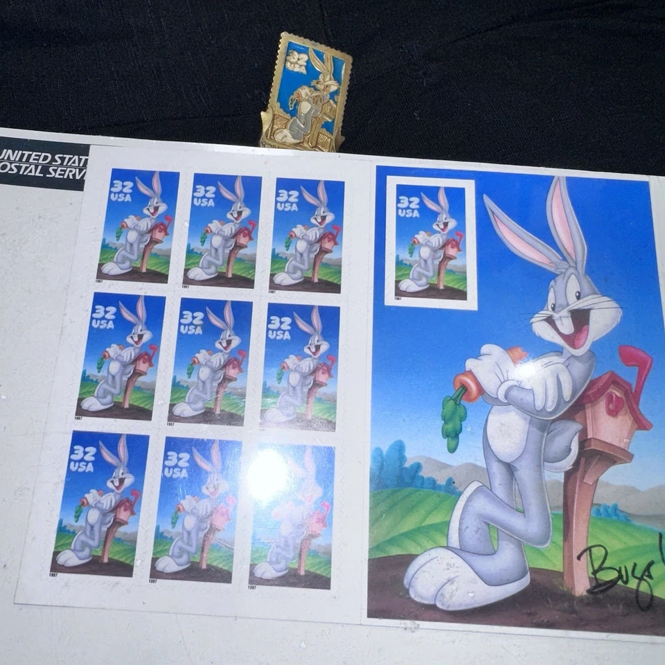 Scott 3138 Bugs Bunny Sheet w/ 1998 Bugs Pin Back , New Stamp Unopened Classic - Image 2 of 4