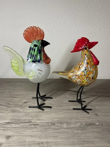 Pair of Vintage Murano Style Hand Blown Glass Roosters with Metal Feet