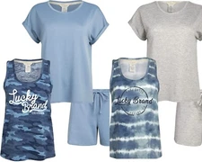 Lucky Brand Womens Pajamas 3-Piece T-Shirt Tank Top Shorts Sleepwear -Blue Gray