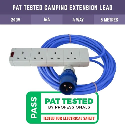 5M 16 AMP BLUE CAMPING ELECTRIC HOOK UP LEAD 4 WAY SOCKET FOR TENT MOTORHOME