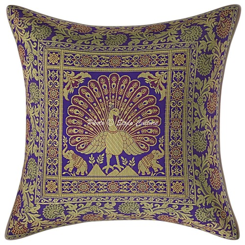 Peacock Brocade Cushion Cover Indian Handmade Throw Sofa Pillow Case Cover 12" - Picture 41 of 46