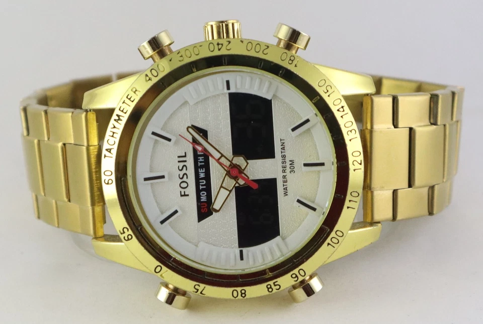 Reloj de cuarzo analógico/digital de lujo para hombre con esfera blanca correa de acero Foto 4 de 4