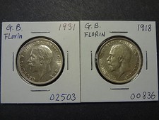 GREAT BRITAIN 1918 + 1931 FLORIN COMBO, 1918 CHOICE AU++, 1931 CHOICE UNC++ !
