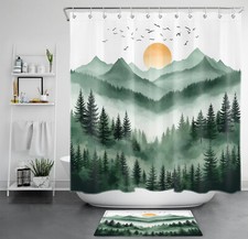 Green Forest Tree Mountain Landscape Shower Curtain Bathroom Accessories Set