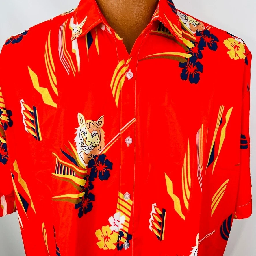 Tiger Aloha Hawaiian Shirt Men XXL Orange Hibiscus Floral Yellow