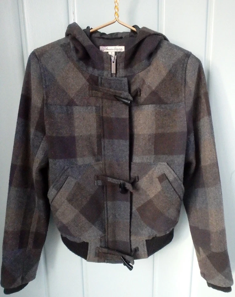 Chaqueta Abrigo Mujer American Rag Pequeña Lana Bombardero Con Capucha 4 6 Gris Cuadros Palanca Foto 2 de 4