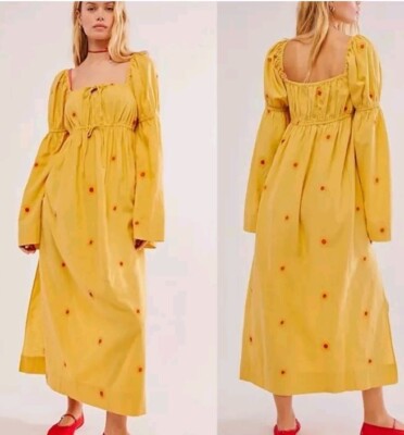 NEW FREE PEOPLE EMORY WARM YELLOW FLOWER EMBROIDERED MIDI DRESS SZ X-Small  | eBay