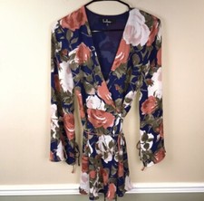 Lulus Women’s Floral Print Multi-Colored Flare Tie Sleeve Wrap Mini Dress Sz M