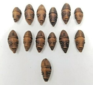 10 CARVED FACE AFRICAN KOLA NUT ANTIQUE TRADE BEADS YORUBA JEWELRY NECKLACE Dzi