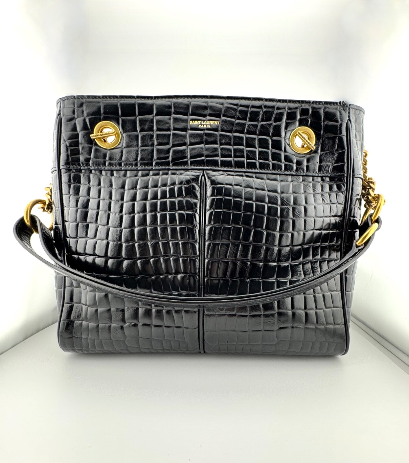 SAINT LAURENT 640281 CLAUDE BORSA CROC NERA IN RILIEVO ottime condizioni