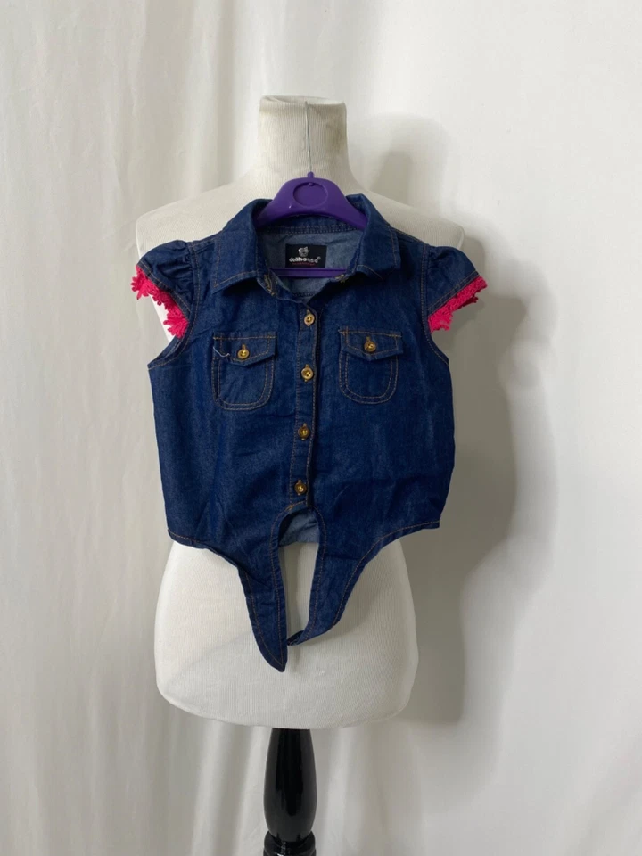 Girls Size 4 Denim Shirt Dollhouse Blue and Pink Sleeveless Tie Up Button-Down - Image 2 of 4