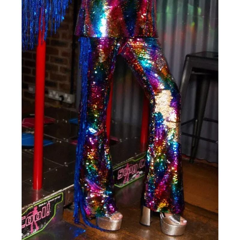 NWT NASTY GAL Rainbow Sequin Fringe Flare Pants US 4 | eBay