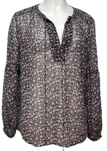 Loft women’s sheer floral tie neck popover blouse long sleeve top Size Large