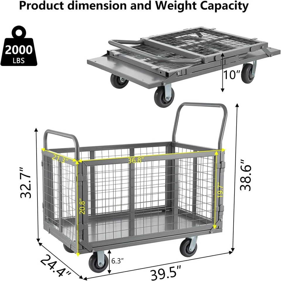 Platform Truck Cart with Cage 5 in 1 Heavy Duty Push Cart Dolly with 5" Casters - Image 2 of 4
