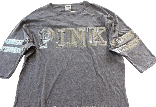 Victoria's Secret PINK 3/4 Sleeve Silver Bling Logo Curved Hem Tee Gray Size XS - Picture 4 of 6