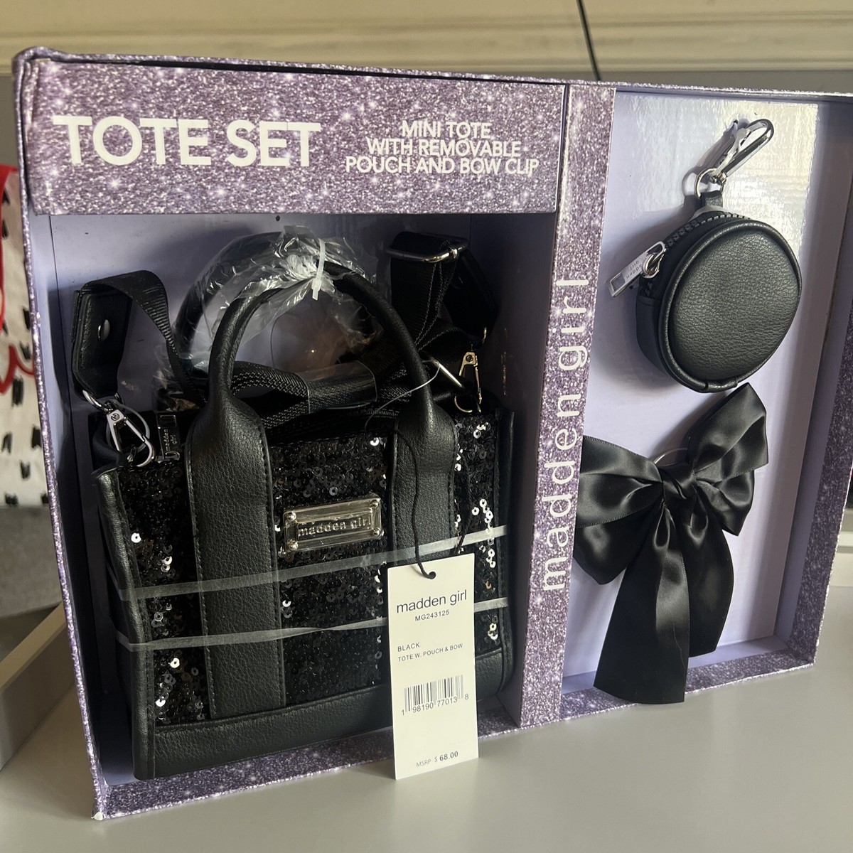 Madden Girl Set Mini Tote W/pouch Sequins Black/ Bow hair clip Gift Set  MSRP $68