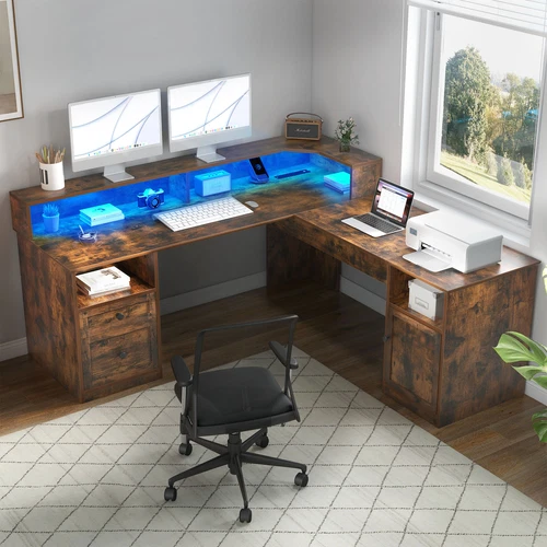60" L Shaped Desk Computer Desk with File Drawer & Power Outlet & LED Lights
