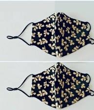 2x Tory Burch Gold Leaf Black Print Design Face Masks Elegant Adjustable TWO NEW