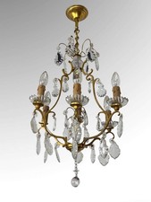Gilt Bronze 6 Arm Chandelier Birdcage Style Ceiling light With Crystal Droplets