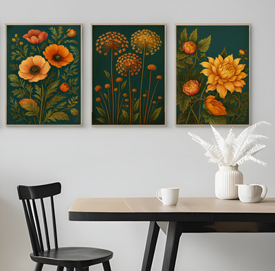 3er Set Gemälde gelbe Blumen grün Botanik Poster Kunstdruck A3 A4 A5