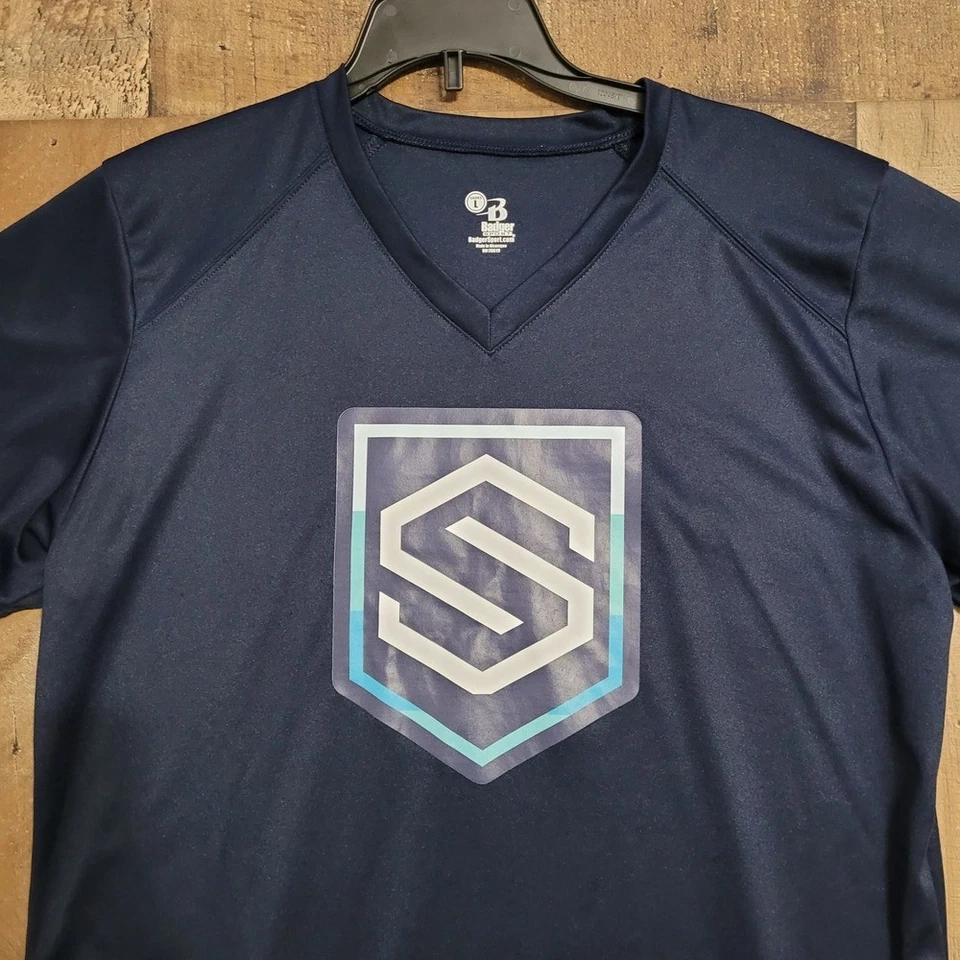 Camiseta deportiva Badger Sport para dama con cuello en V que absorbe la humedad azul marino L informal Foto 2 de 4