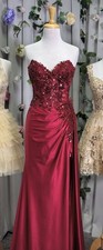 Women  s Burgundy Satin Sweetheart Spaghetti Strap Beaded Sequin Gown XS
