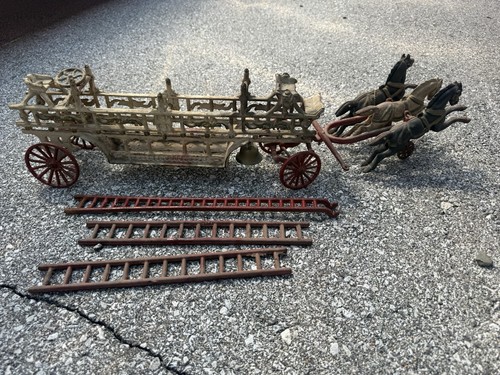 Antique Cast Iron Horse Drawn Fire Hook & Ladder Wagon Toy 30” 4 Horses Bell