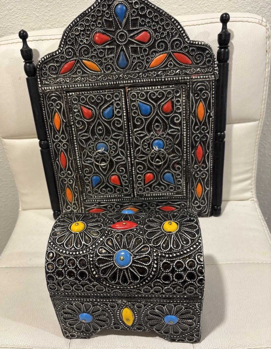 moroccan decor Set-handcrafted Mirror And Jewelry Box With Colorful Stone Inlays