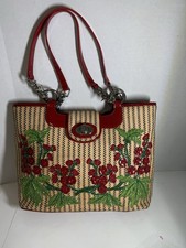Isabella Fiore Vintage Floral Red Patent and Beaded Sequin Woven Handbag