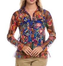 Johnny Was NWOT Mazzy Mesh Blouse Button Down Ruffles Sz S Long Slv Embroidered