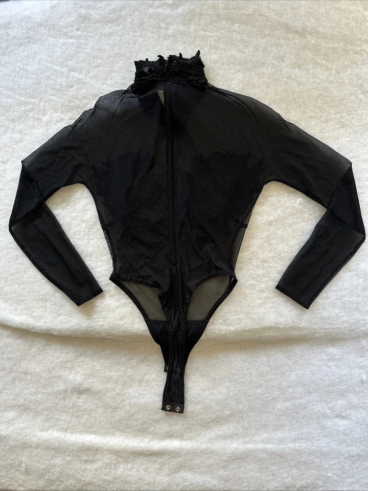 Body Sexy Floral Vintage Tadashi Shohi Negro Malla Encaje Talla M Cuello Simulado Foto 4 de 4