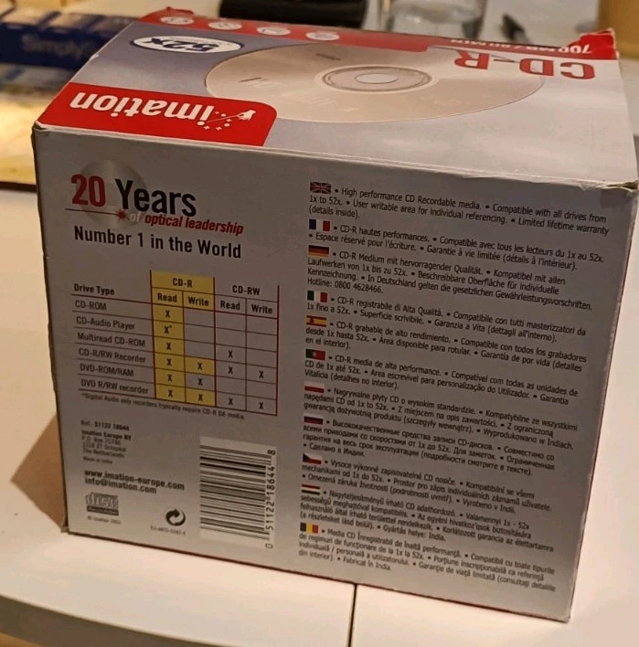 imation cdr, 52x, 700mb, 80min, box of 10 discs with cases all new sealed  - Image 3 of 4