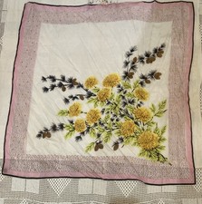 Vintage Scarf Hand-rolled-hemmed 31 sq. Pine Cones-Branches Yellow Flowers.