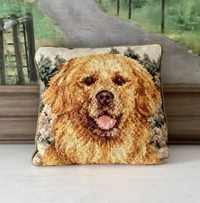 Small wool Needlepoint Dog Golden Retriever Pillow Green Velvet Back Vintage 10  