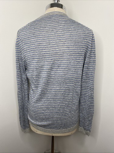 Saks Fifth Avenue Striped Linen Crewneck Sweater Mens M Gray Blue Light Weight - Picture 6 of 8