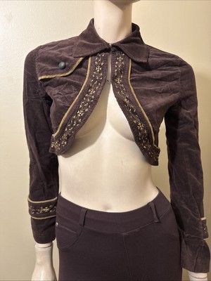 Women s Brown Cotton Velvet Casual Embroidered Hooks Size S Short Jacket Cape