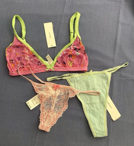 DKNY 36 Bügel BH transparent + 2 M Tanga G-String Höschen rosa grün blau 3 Stück Posten - Bild 14 von 18
