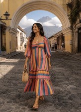 Farm Rio Rainbow Striped Long Sleeve Midi Dress - Size Small 🌈